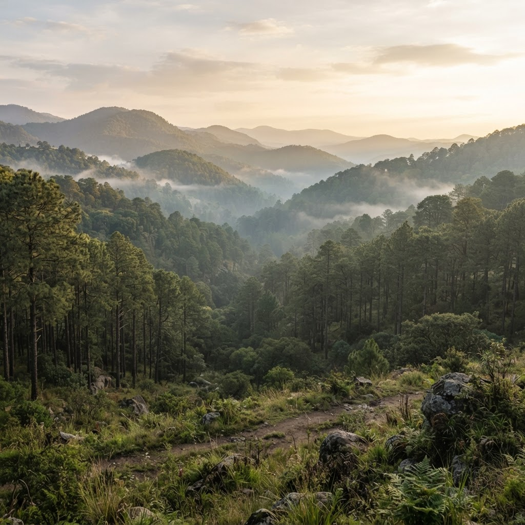 Bosque de pinos con vista al valle en Jilotzingo, Estado de México